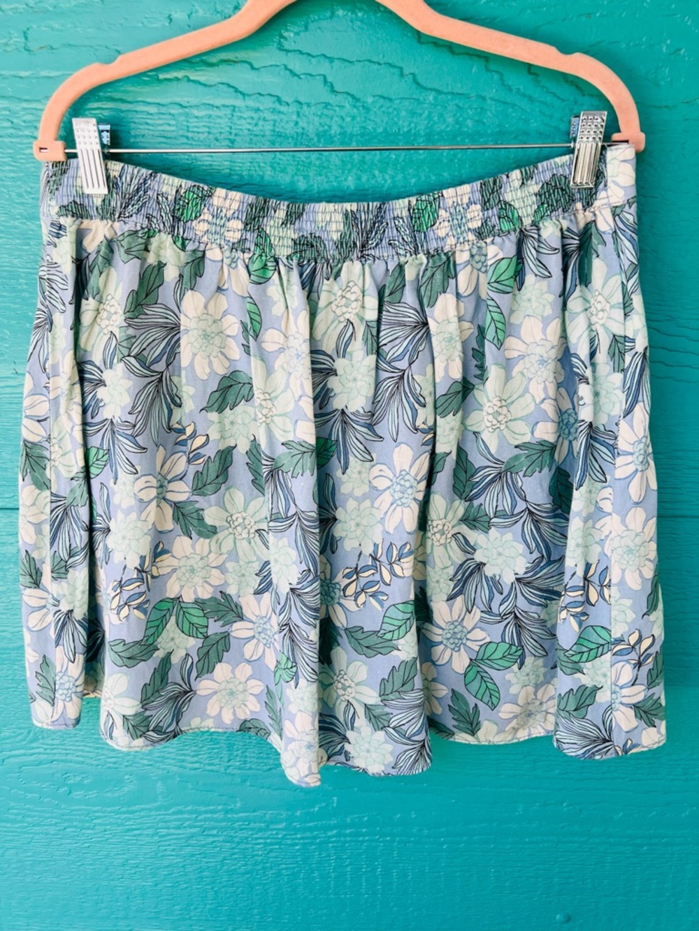 LOFT Linen Blend Floral Skirt Blue Green Pull-On Elastic Waist Size Large - Picture 3 of 8